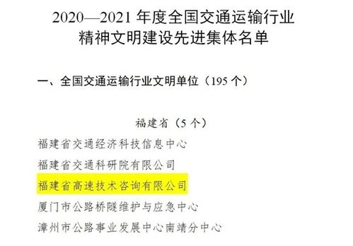 福建高速技術(shù)咨詢公司榮獲全國交通運(yùn)輸行業(yè)精神文明建設(shè)先進(jìn)集體榮譽(yù)稱號